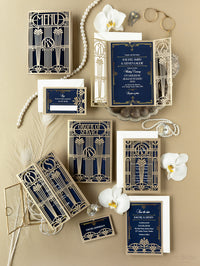 Golden Art Deco Great Gatsby Laser Cut Gatefold Wedding Day Invitation