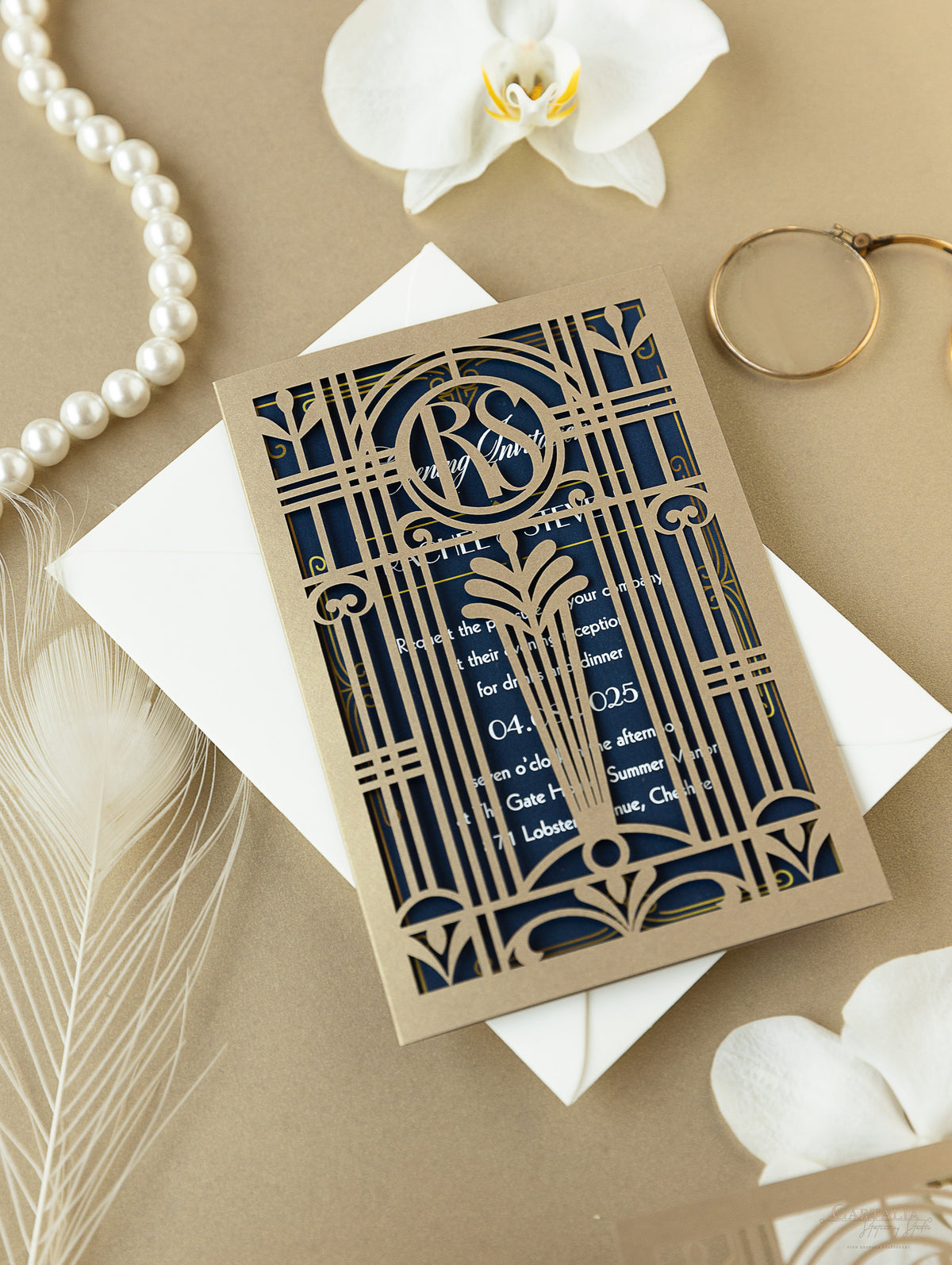 Golden Art Deco Great Gatsby Laser Cut Gatefold Wedding Evening Invitation