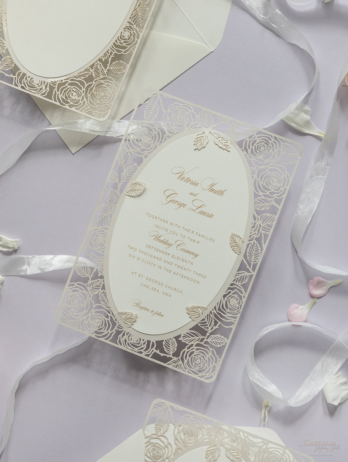 Champagne Romantic Roses Mirror Laser Cut le jour du mariage Invitation