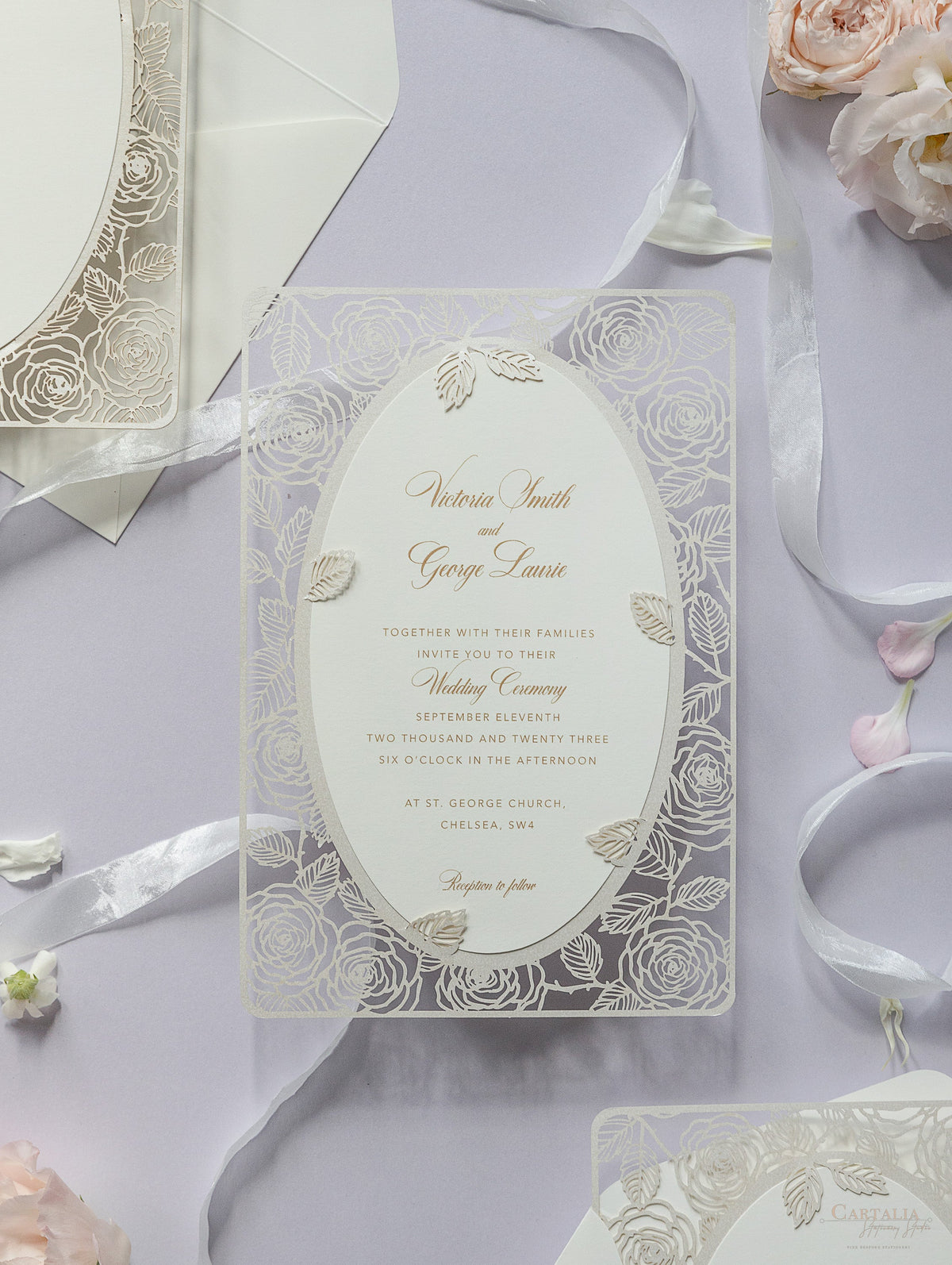 Champagne Romantic Roses Mirror Laser Cut le jour du mariage Invitation