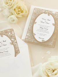 Elegant Laser Cut Roses Wedding Day Invitation in Old Gold