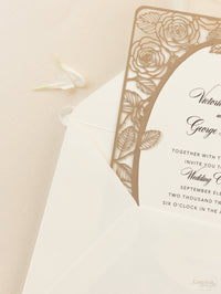 Elegant Laser Cut Roses Wedding Day Invitation in Old Gold