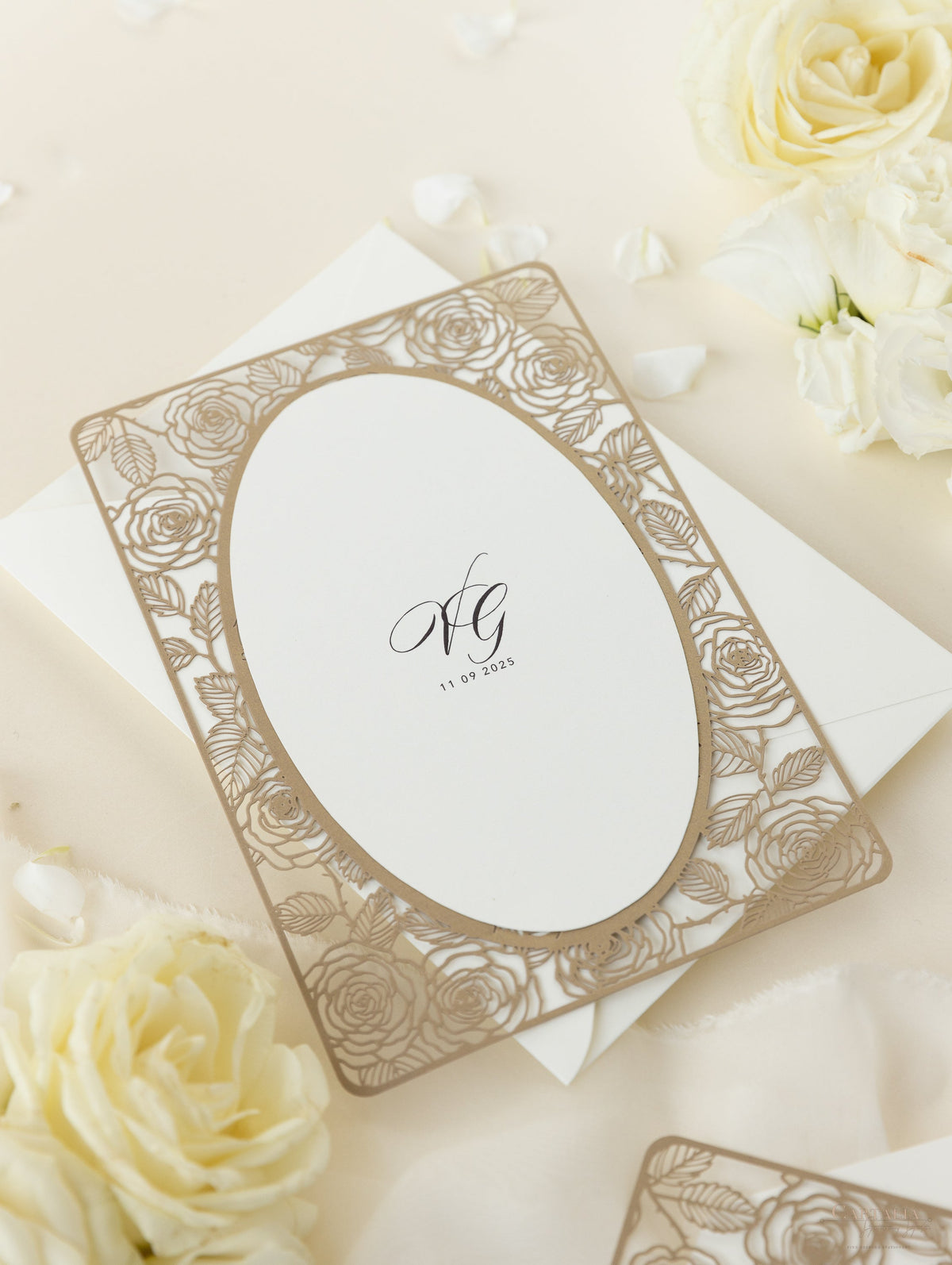 Elegant Laser Cut Roses Wedding Day Invitation in Old Gold