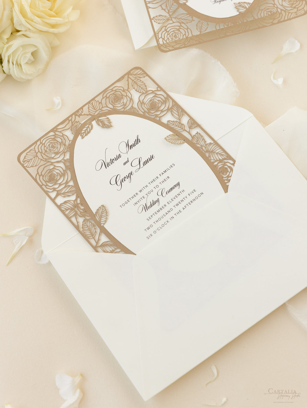 Elegant Laser Cut Roses Wedding Day Invitation in Old Gold