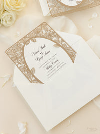 Elegant Laser Cut Roses Wedding Day Invitation in Old Gold