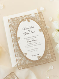 Elegant Laser Cut Roses Wedding Day Invitation in Old Gold