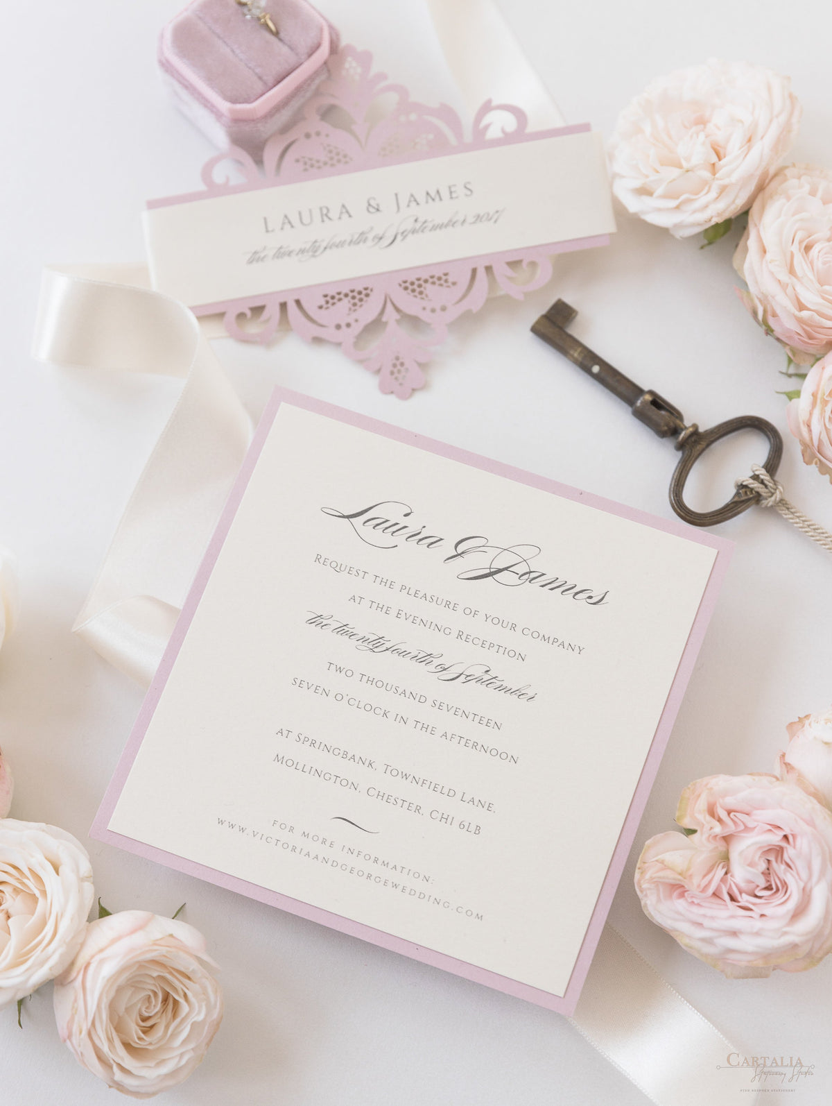 Laser Cut Blush and Cream Belly Band Matching Evening Card