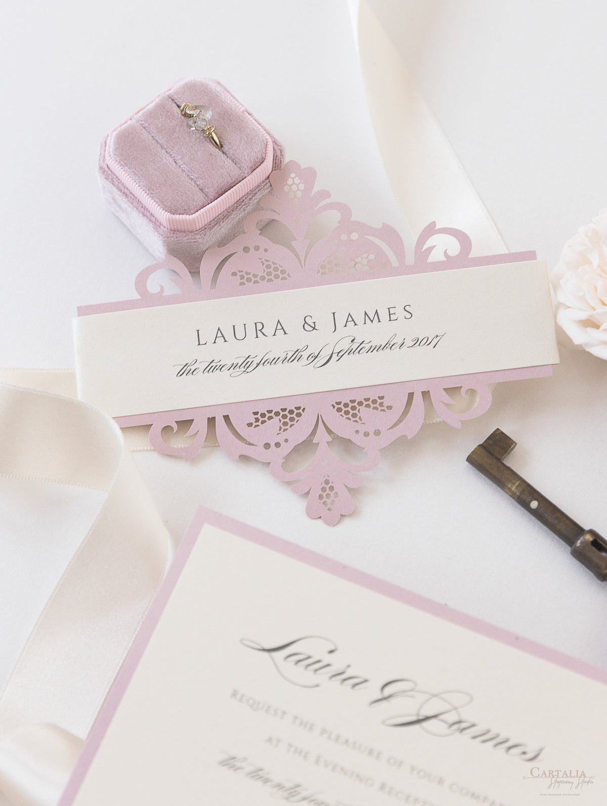 Laser Cut Blush and Cream Belly Band Matching Evening Card