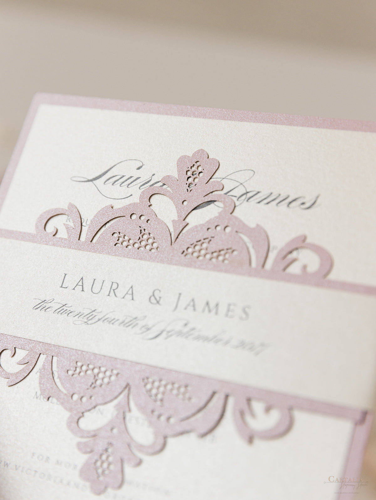 Laser Cut Blush and Cream Belly Band Matching Evening Card