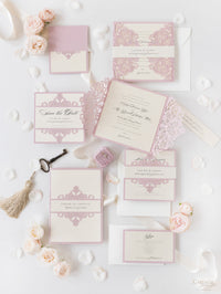 Laser Cut Blush and Cream Belly Band Matching Evening Card