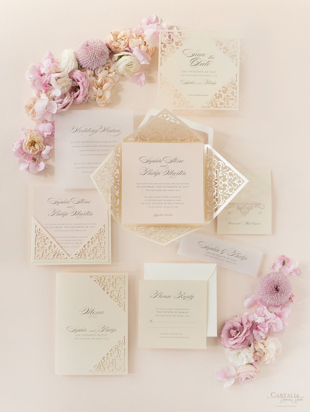 Champagne Laser Cut Lace Pocketfold Wedding Invitation + Wedding Wish Set