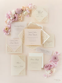 Champagne Laser Cut Lace Pocketfold Wedding Invitation - Evening Invitation