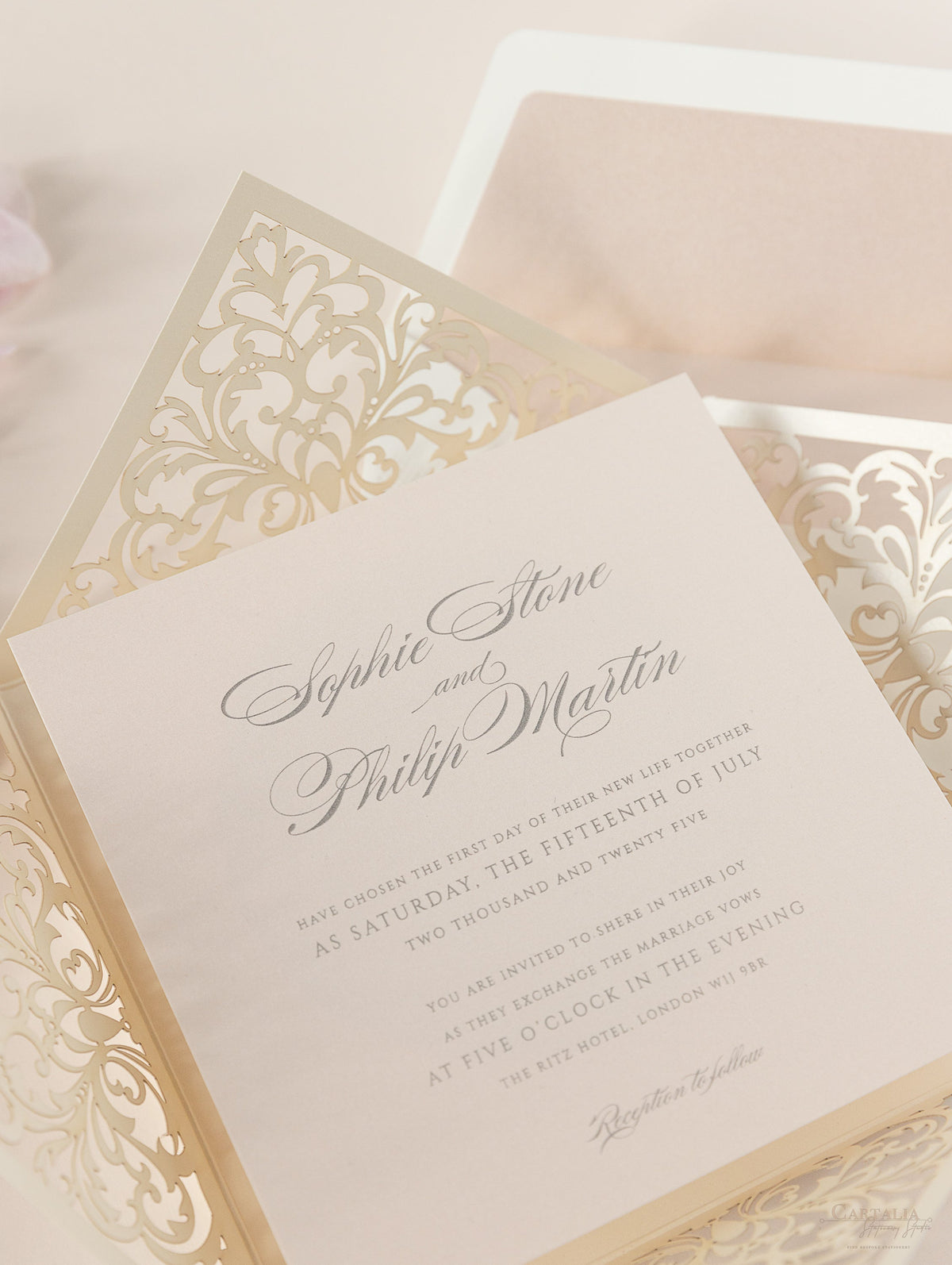 Champagne Laser Cut Lace Pocketfold Wedding Invitation + Wedding Wish Set