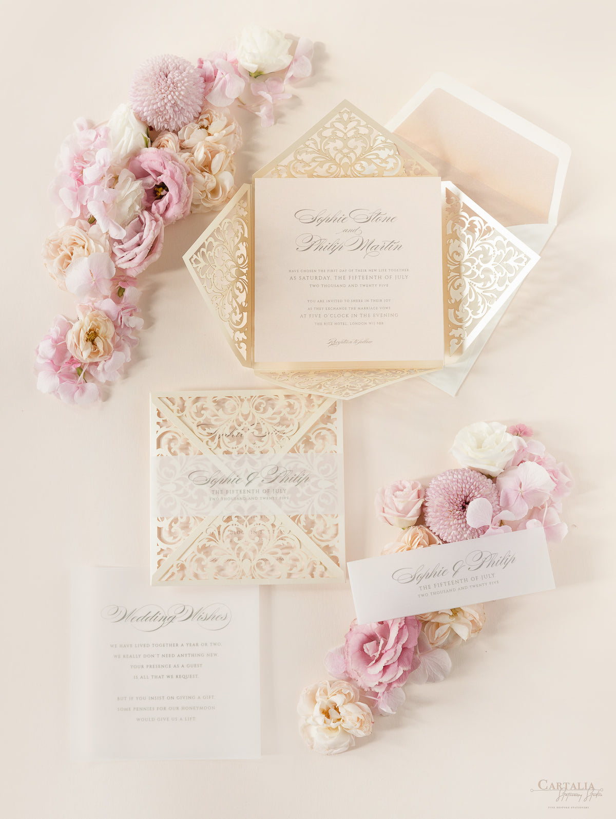 Champagne Laser Cut Lace Pocketfold Wedding Invitation + Wedding Wish Set