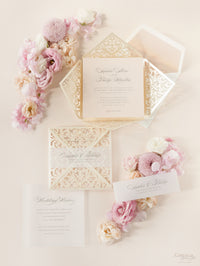 Champagne Laser Cut Lace Pocketfold Wedding Invitation + Wedding Wish Set