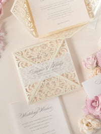 Champagne Laser Cut Lace Pocketfold Wedding Invitation + Wedding Wish Set