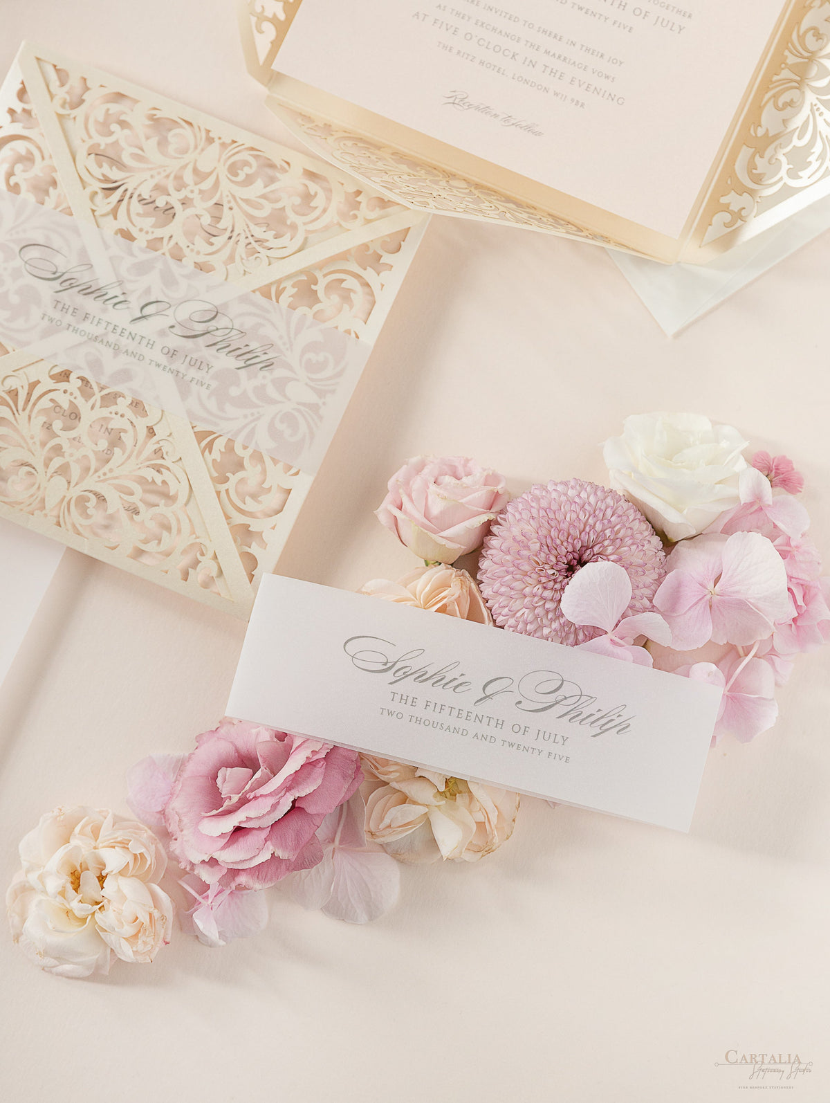 Champagne Laser Cut Lace Pocketfold Wedding Invitation + Wedding Wish Set