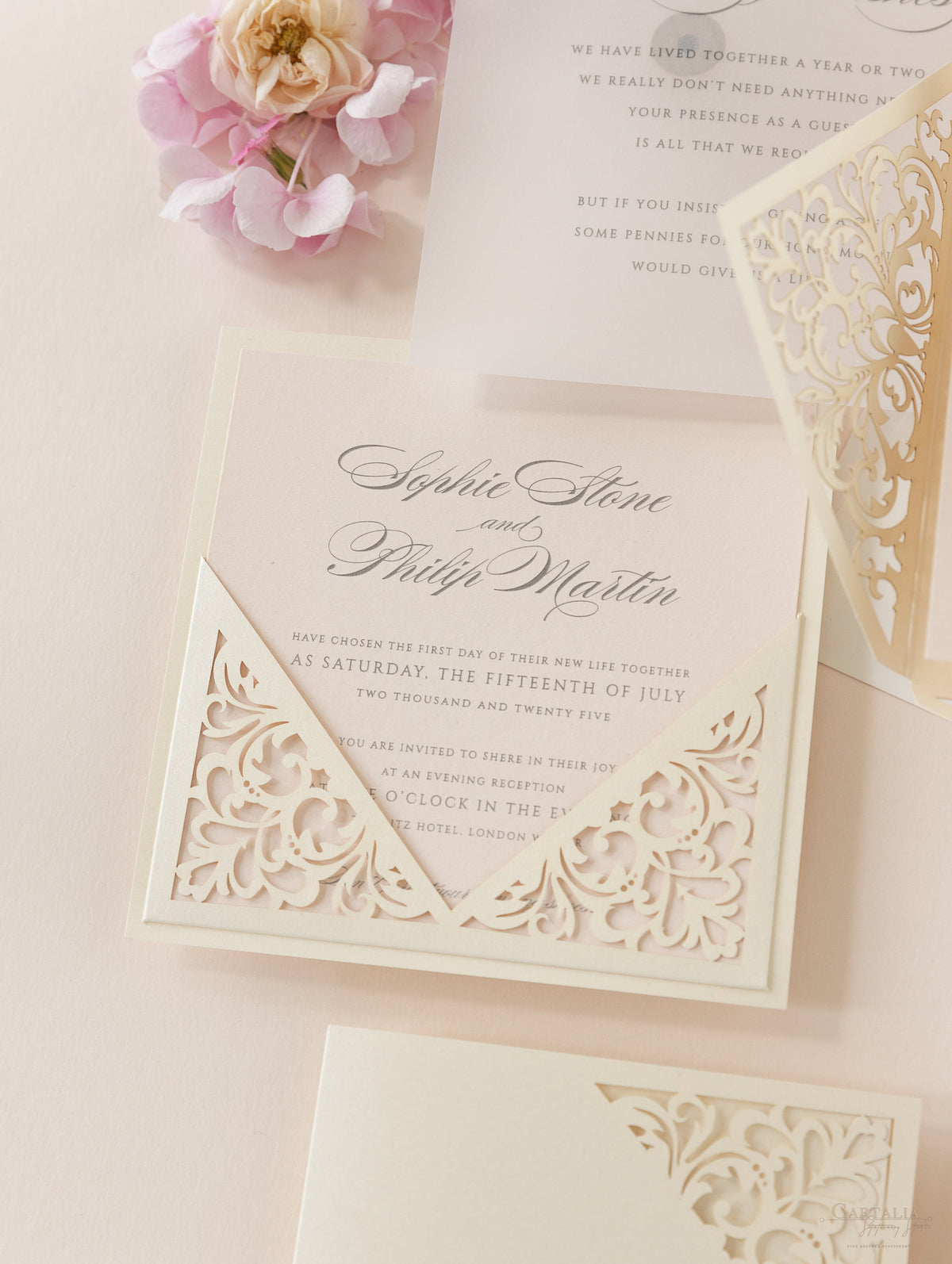 Champagne Laser Cut Lace Pocketfold Wedding Invitation - Evening Invitation