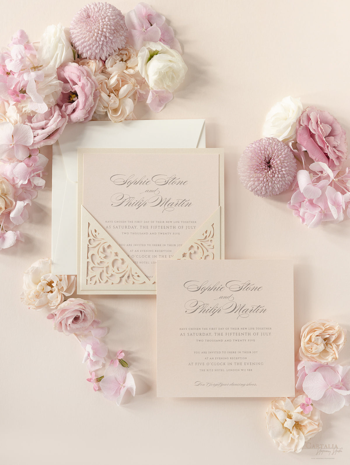 Champagne Laser Cut Lace Pocketfold Wedding Invitation - Evening Invitation