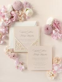 Champagne Laser Cut Lace Pocketfold Wedding Invitation - Evening Invitation