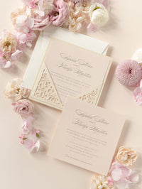 Champagne Laser Cut Lace Pocketfold Wedding Invitation - Evening Invitation