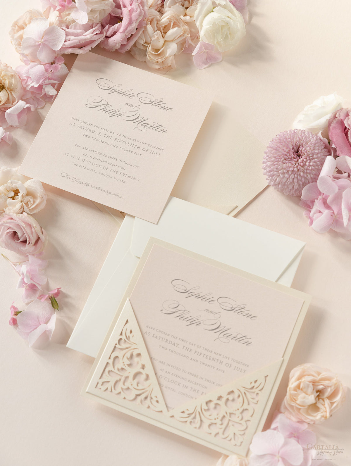 Champagne Laser Cut Lace Pocketfold Wedding Invitation - Evening Invitation