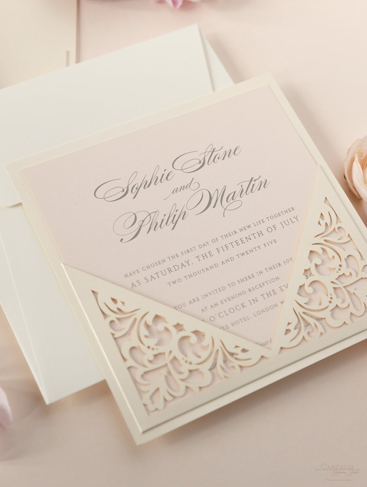 Champagne Laser Cut Lace Pocketfold Wedding Invitation - Evening Invitation