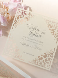 Champagne Laser Cut Lace Save the Date with Envelope