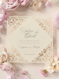 Champagne Laser Cut Lace Save the Date with Envelope