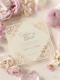 Champagne Laser Cut Lace Save the Date with Envelope