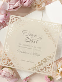 Champagne Laser Cut Lace Save the Date with Envelope