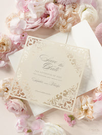 Champagne Laser Cut Lace Save the Date with Envelope