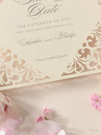 Champagne Laser Cut Lace Save the Date with Envelope