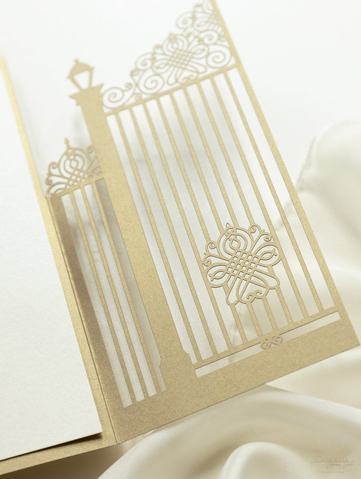 Romantic Ornamental Gate Laser Cut Wedding Invitation Set with Rsvp and Personalised Belly Band