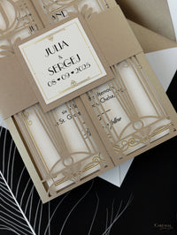 Golden Hollywood Lasercut Gate, Great Gatsby Wedding Invitation with Belly Band Monogram