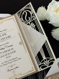 Golden Hollywood Lasercut Gate, Great Gatsby Wedding Invitation with Belly Band Monogram