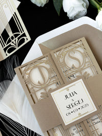 Golden Hollywood Lasercut Gate, Great Gatsby Wedding Invitation with Belly Band Monogram