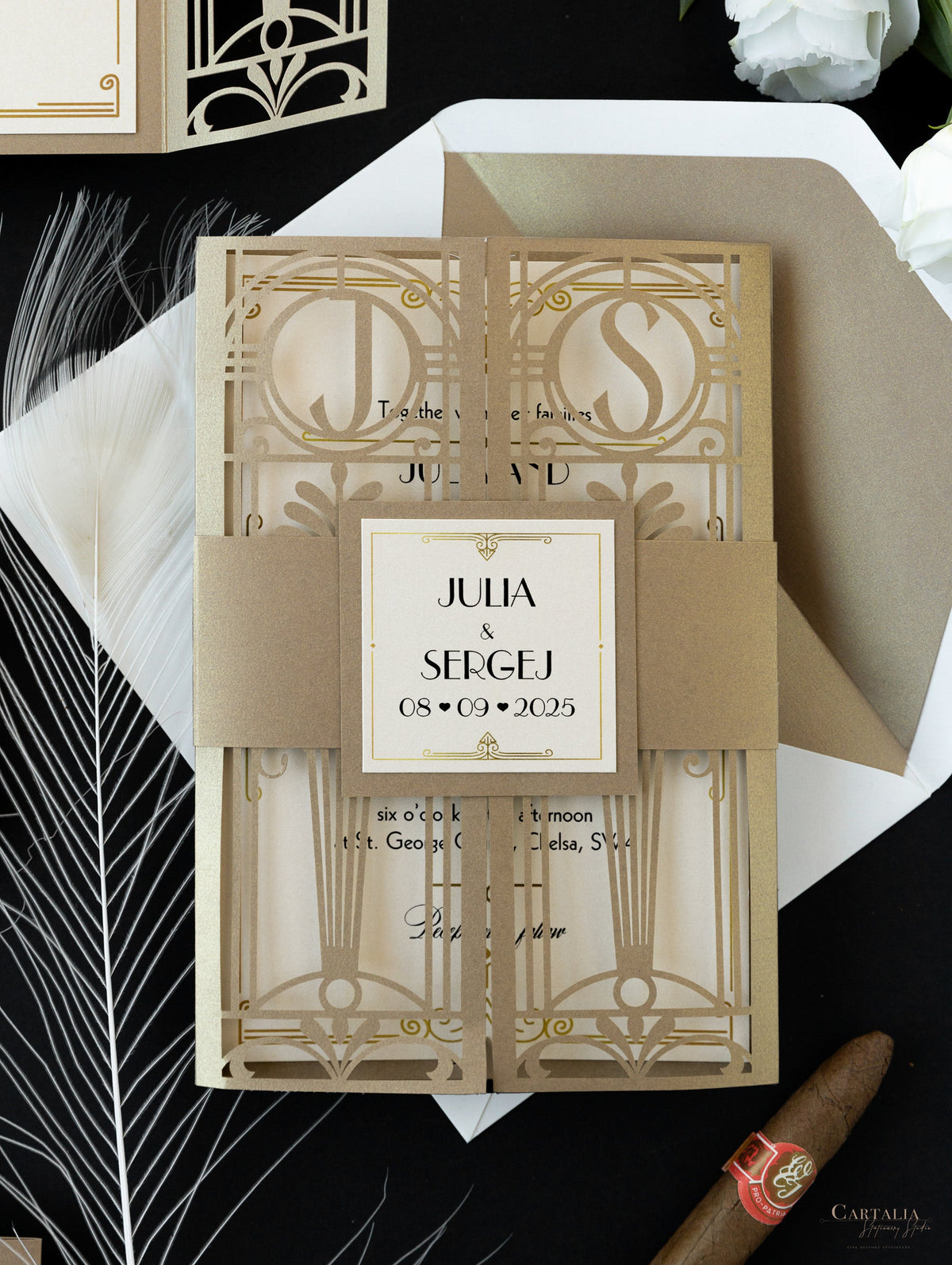 Golden Hollywood Lasercut Gate, Great Gatsby Wedding Invitation with Belly Band Monogram