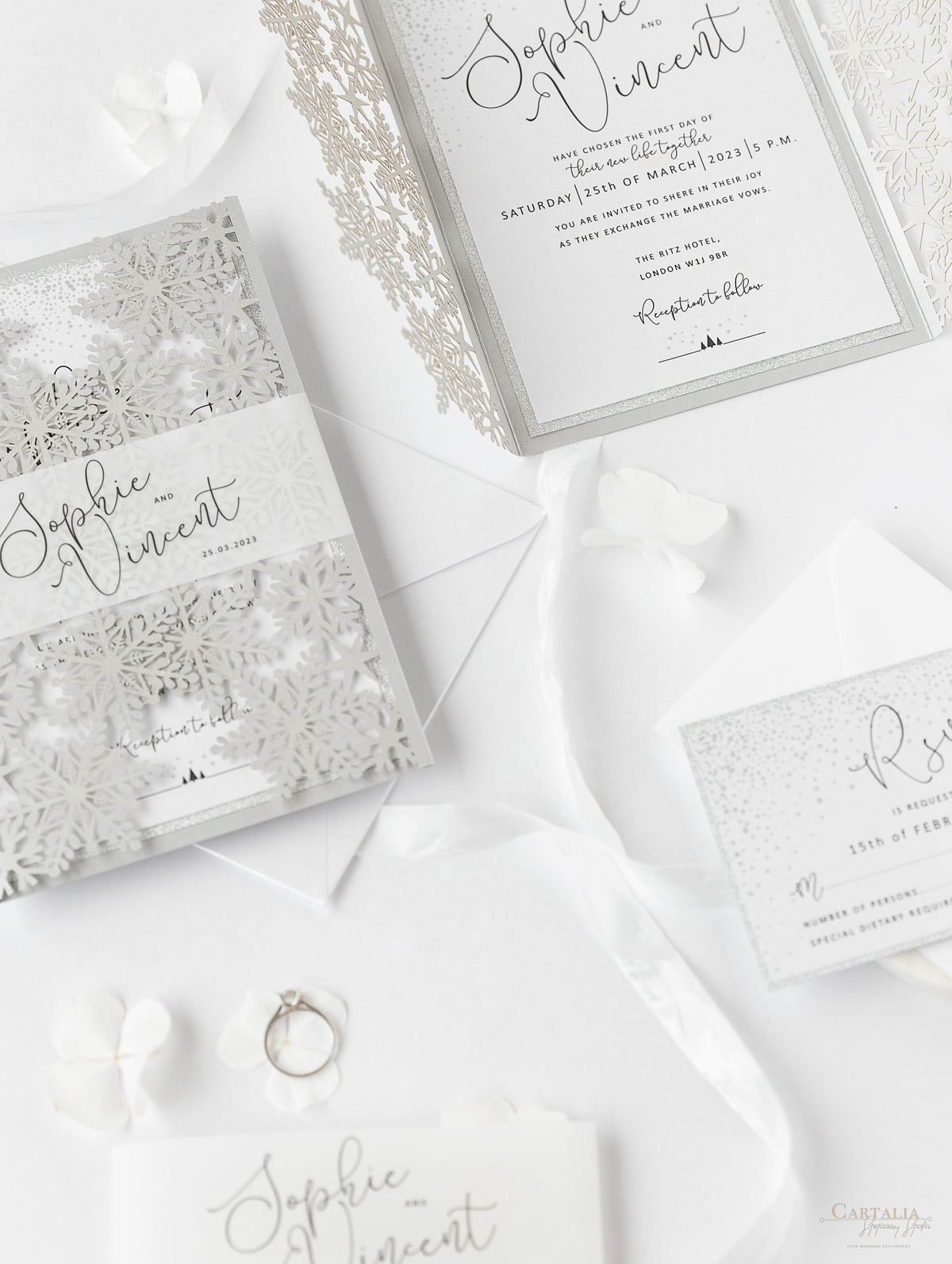 White Winter a Snowflake Laser Cut Gatefold Wedding Day Invitation with Glitter Backing