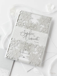 White Winter a Snowflake Laser Cut Gatefold Wedding Day Invitation with Glitter Backing