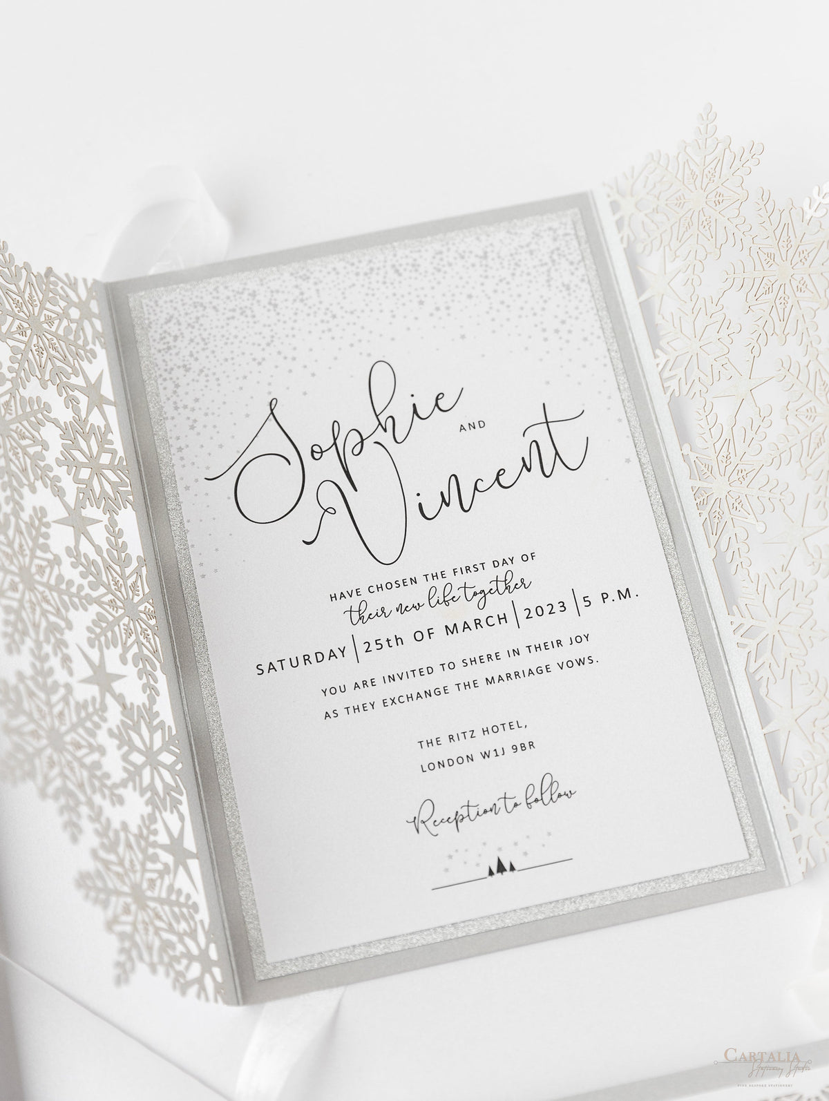 White Winter a Snowflake Laser Cut Gatefold Wedding Day Invitation with Glitter Backing