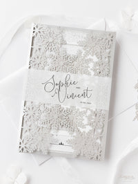 White Winter a Snowflake Laser Cut Gatefold Wedding Day Invitation with Glitter Backing