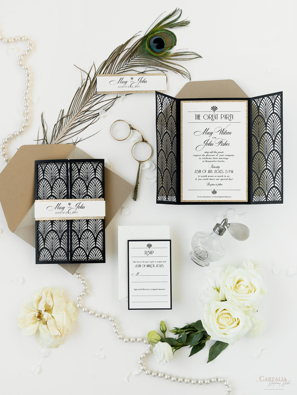 Luxury Glittering Art Deco 20s Gatsby Gate Laser Cut Gatefold Wedding Day Invitation with Gold envelopes