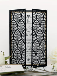 Invitación de lujo brillante Art Deco de los años 20 Gatsby Gate cortada con láser para el día de la boda con sobres dorados