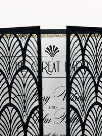 Invitación de lujo brillante Art Deco de los años 20 Gatsby Gate cortada con láser para el día de la boda con sobres dorados