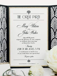Invitación de lujo brillante Art Deco de los años 20 Gatsby Gate cortada con láser para el día de la boda con sobres dorados