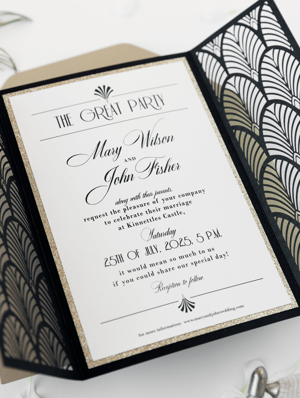 Luxury Glittering Art Deco 20s Gatsby Gate Laser Cut Gatefold Wedding Day Invitation with Gold envelopes