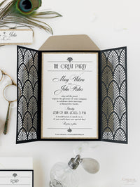 Luxury Glittering Art Deco 20s Gatsby Gate Laser Cut Gatefold Wedding Day Invitation with Gold envelopes