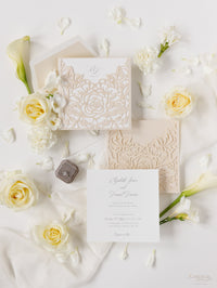 Classic Elegance Laser cut Pull out folder Invitation in Cream and Champagne Metallic Colours