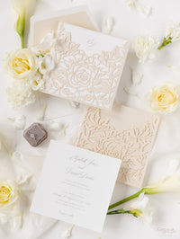 Classic Elegance Laser cut Pull out folder Invitation in Cream and Champagne Metallic Colours